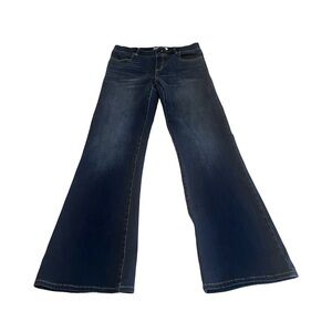 Betabrand Woman’s Large Long Blue Pull on Bootcut‎ Denim Jeans